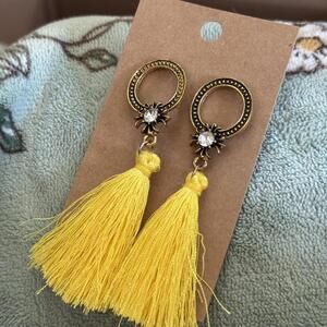 Yellow Tassel Drop Earrings with Rhinestone Detail